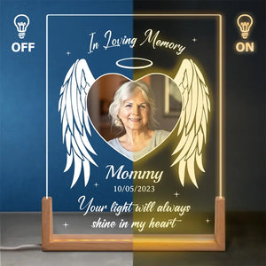 Photo personnalisée Votre lumière brillera toujours dans mon cœur - Veilleuse LED 3D en noyer personnalisée en forme de mémorial - Cadeau de condoléances pour les membres de la famille