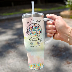 Juste une fille qui aime les chiens - Gobelet personnalisé en acier inoxydable de 1 134 ml avec poignée pour chien et chat - Cadeau pour les propriétaires et les amoureux des animaux