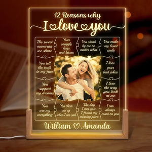 Photo personnalisée 12 raisons pour lesquelles je t'aime - Veilleuse LED 3D en noyer personnalisée pour couple - Cadeau pour mari et femme, anniversaire