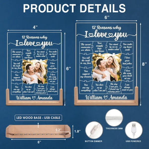 Photo personnalisée 12 raisons pour lesquelles je t'aime - Veilleuse LED 3D en noyer personnalisée pour couple - Cadeau pour mari et femme, anniversaire