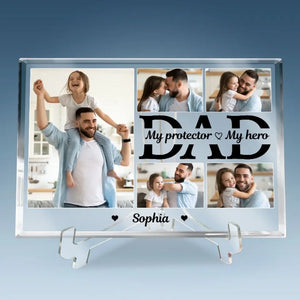 Photo personnalisée « Papa est mon protecteur » - Plaque rectangulaire en acrylique personnalisée pour la famille - Cadeau d'anniversaire et de fête des pères pour papa