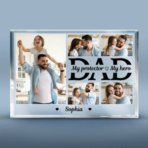 Photo personnalisée « Papa est mon protecteur » - Plaque rectangulaire en acrylique personnalisée pour la famille - Cadeau d'anniversaire et de fête des pères pour papa