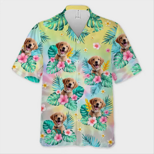 Photo personnalisée « Je veux juste m'allonger sur la plage » - T-shirt hawaïen unisexe personnalisé pour chien et chat - Cadeau de vacances d'été, cadeau pour propriétaires d'animaux et amoureux des animaux
