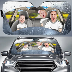 Photo personnalisée : quatre roues, un lien familial – Pare-soleil personnalisé pour pare-brise de voiture, protection de fenêtre de voiture – Cadeau pour les membres de la famille