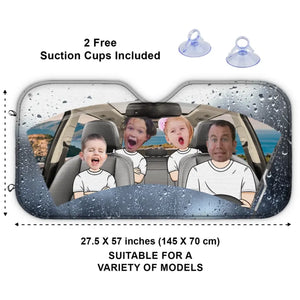 Photo personnalisée : quatre roues, un lien familial – Pare-soleil personnalisé pour pare-brise de voiture, protection de fenêtre de voiture – Cadeau pour les membres de la famille