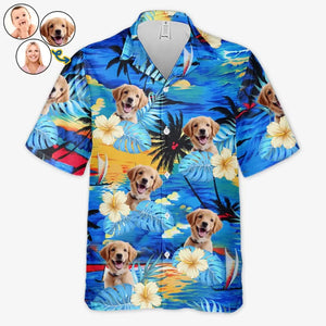 T-shirt hawaïen unisexe personnalisé avec photo « Oubliez la ville, profitez de l'été » pour chien et chat - Cadeau idéal pour les vacances d'été, les propriétaires d'animaux et les amoureux des animaux.