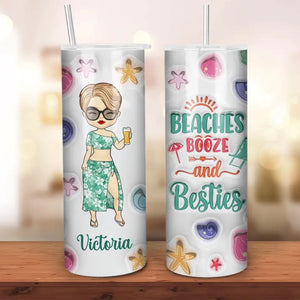 Plages, alcool et meilleures amies - Gobelet fin personnalisé avec effet gonflable 3D imprimé - Cadeau de vacances d'été pour meilleures amies, meilleures amies et sœurs