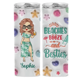 Plages, alcool et meilleures amies - Gobelet fin personnalisé avec effet gonflable 3D imprimé - Cadeau de vacances d'été pour meilleures amies, meilleures amies et sœurs