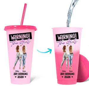 Attention ! Les filles boivent à nouveau ! Gobelet personnalisé à couleur changeante pour meilleure amie ! Cadeau pour les vacances d'été, un anniversaire à la piscine, pour les meilleures amies, les meilleures amies et les sœurs.