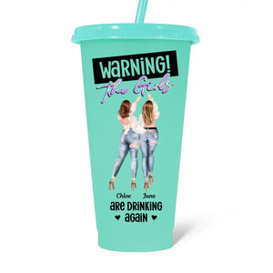 Attention ! Les filles boivent à nouveau ! Gobelet personnalisé à couleur changeante pour meilleure amie ! Cadeau pour les vacances d'été, un anniversaire à la piscine, pour les meilleures amies, les meilleures amies et les sœurs.