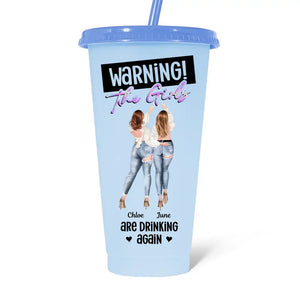Attention ! Les filles boivent à nouveau ! Gobelet personnalisé à couleur changeante pour meilleure amie ! Cadeau pour les vacances d'été, un anniversaire à la piscine, pour les meilleures amies, les meilleures amies et les sœurs.