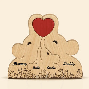 La famille est la chose la plus importante - Puzzle en bois personnalisé en forme d'éléphant - Sculptures d'animaux en bois, ornements de table en sculpture sur bois, décoration en bois sculpté - Cadeau pour les membres de la famille