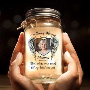 Photo personnalisée à jamais gravée dans nos cœurs - Lampe commémorative personnalisée en pot Mason - Cadeau de condoléances pour les membres de la famille