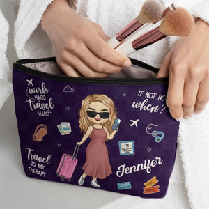Travaillez dur, voyagez dur - Trousse de maquillage personnalisée - Cadeau de vacances, cadeau pour les amateurs de voyages d'aventure