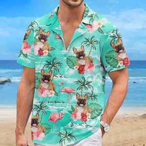T-shirt hawaïen unisexe personnalisé avec photo « C'est l'heure de la plage » pour chien et chat - Cadeau idéal pour les vacances d'été, les propriétaires d'animaux et les amoureux des animaux.