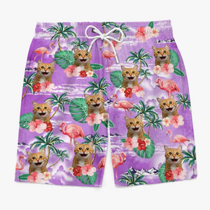 Short de plage hawaïen personnalisé avec photo et queues qui remuent - Short de plage hawaïen tropical Aloha pour homme, personnalisé avec chien et chat - Cadeau de vacances d'été, cadeau d'anniversaire pour propriétaires d'animaux et amoureux des animaux