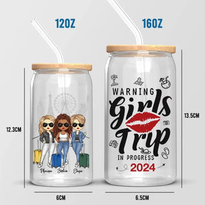 Attention ! Voyage entre filles en cours ! Tasse en verre personnalisée, tasse à café glacé ! Cadeau de vacances d'été pour meilleures amies, meilleures amies, sœurs