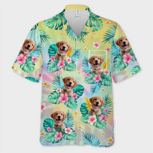 T-shirt hawaïen tropical unisexe personnalisé avec photo « La famille est une famille » - Cadeau idéal pour les vacances d'été, les propriétaires d'animaux et les amoureux des animaux.