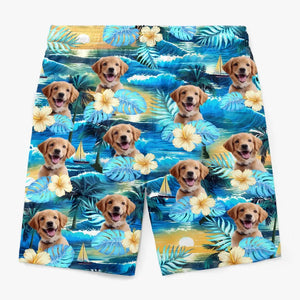 Short de plage hawaïen personnalisé avec photo « Pattes de sable et cœurs heureux » pour chien et chat, motif tropical Aloha, pour homme - Cadeau idéal pour les vacances d'été, les anniversaires et les amoureux des animaux.