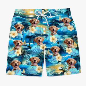 Short de plage hawaïen personnalisé avec photo « Pattes de sable et cœurs heureux » pour chien et chat, motif tropical Aloha, pour homme - Cadeau idéal pour les vacances d'été, les anniversaires et les amoureux des animaux.