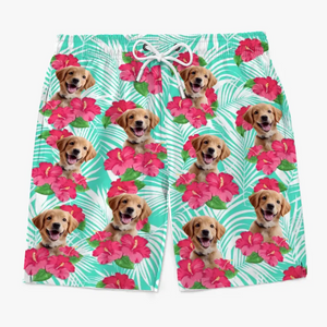 Short de plage hawaïen personnalisé avec photo « Que l'été commence » pour chien et chat, short de plage hawaïen tropical Aloha pour homme - Cadeau de vacances d'été, cadeau d'anniversaire pour propriétaires d'animaux et amoureux des animaux.