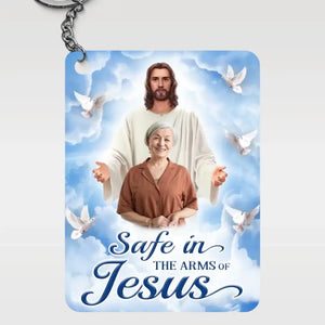 Porte-clés photo personnalisé « En sécurité dans les bras de Jésus » - Porte-clés personnalisé en acrylique - Cadeau de condoléances pour les membres de la famille