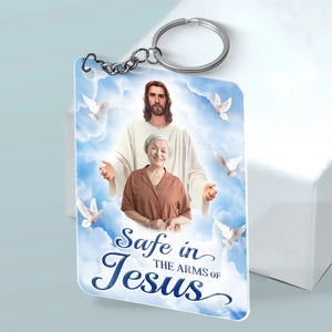 Porte-clés photo personnalisé « En sécurité dans les bras de Jésus » - Porte-clés personnalisé en acrylique - Cadeau de condoléances pour les membres de la famille