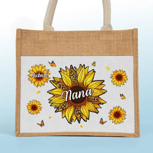 Nous vivons et fleurissons avec grâce - Sacs fourre-tout personnalisés pour la famille, sacs fourre-tout en jute, sacs de plage - Cadeau pour maman, grand-mère