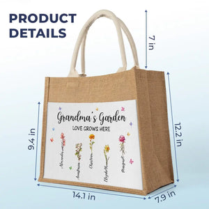 Jardin de grand-mère - Sacs fourre-tout personnalisés pour la famille, sacs fourre-tout en jute, sacs de plage - Cadeau pour maman et grand-mère