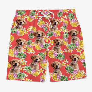 Short de plage hawaïen personnalisé avec photo « Course vers le soleil » pour chien et chat, motif tropical Aloha, pour homme - Cadeau idéal pour les vacances d'été, les anniversaires et les amoureux des animaux.