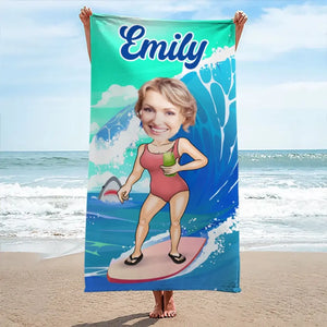 Serviette de plage personnalisée avec photo « Moi et l'océan » - Cadeau pour les vacances d'été, un anniversaire, une fête à la piscine, pour mari, femme et famille
