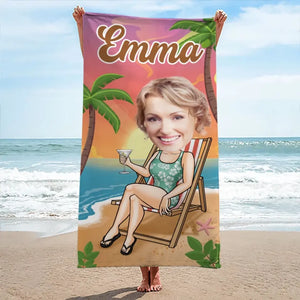 Serviette de plage personnalisée avec photo « Summer Vibes » pour toute la famille - Cadeau idéal pour les vacances d'été, un anniversaire ou une fête à la piscine.