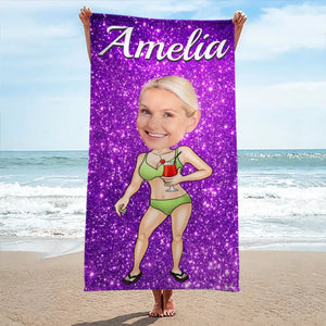 Serviette de plage personnalisée avec photo courant vers la plage et le soleil - Cadeau pour les vacances d'été, anniversaire, fête à la piscine, pour les membres de la famille