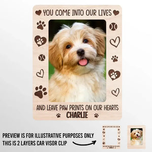 Photo personnalisée : vos empreintes de pattes resteront toujours dans mon cœur - Clip de pare-soleil de voiture personnalisé commémoratif - Cadeau de condoléances pour les propriétaires d'animaux et les amoureux des animaux