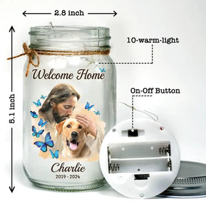 En sécurité dans les bras de Dieu - Lampe commémorative personnalisée en pot Mason - Cadeau de condoléances pour les membres de la famille, les propriétaires d'animaux et les amoureux des animaux