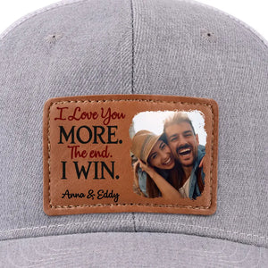 Photo personnalisée « J'aime plus la fin que je gagne » - Chapeau en cuir personnalisé pour couple - Cadeau pour mari et femme, anniversaire