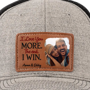 Photo personnalisée « J'aime plus la fin que je gagne » - Chapeau en cuir personnalisé pour couple - Cadeau pour mari et femme, anniversaire
