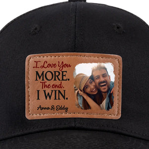 Photo personnalisée « J'aime plus la fin que je gagne » - Chapeau en cuir personnalisé pour couple - Cadeau pour mari et femme, anniversaire