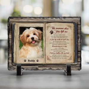 Photo personnalisée : « Je ne suis plus à mes côtés, mais je suis à jamais dans mon cœur » – Pierre commémorative rectangulaire personnalisée avec support – Cadeau de condoléances pour les propriétaires et les amoureux des animaux