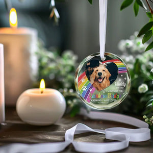 Photo personnalisée « Un morceau de mon cœur est au pont arc-en-ciel » – Ornement en verre rond personnalisé commémoratif – Cadeau de condoléances pour les propriétaires et les amoureux des animaux