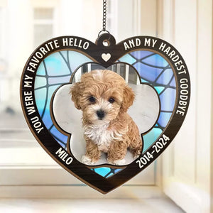 Photo personnalisée « Tu étais mon bonjour préféré et mon au revoir le plus dur » - Attrape-soleil personnalisé à suspendre à une fenêtre - Cadeau de condoléances pour les propriétaires d'animaux et les amoureux des animaux