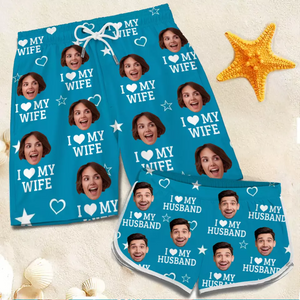 Photo personnalisée « Je tombe toujours amoureux de toi tous les jours » - Short de plage hawaïen tropical personnalisé et amusant pour couple - Cadeau de vacances d'été, cadeau de fête d'anniversaire pour mari et femme, anniversaire