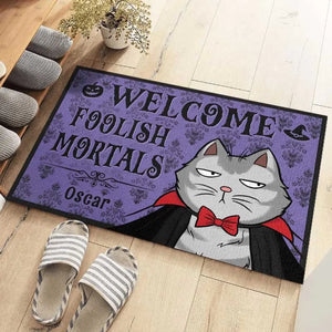 Bienvenue, mortels insensés ! Tapis décoratif personnalisé pour chien et chat ! Cadeau d'Halloween pour les propriétaires et les amoureux des animaux.