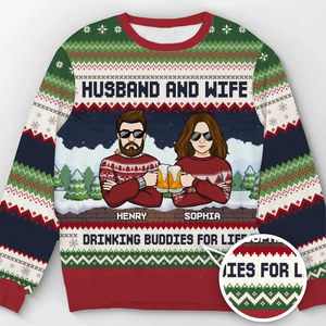 À notre santé et une saison pleine de bonheur - Sweat-shirt moche personnalisé pour couple - Pull en laine unisexe - Cadeau de Noël pour mari et femme, anniversaire