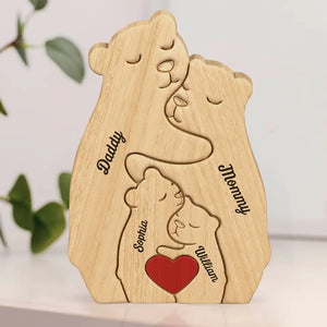 La famille est l'un des chefs-d'œuvre de la nature - Puzzle en bois personnalisé en forme d'ours - Sculptures d'animaux en bois, ornements de table en sculpture sur bois, décoration en bois sculpté - Cadeau pour les membres de la famille
