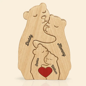 La famille est l'un des chefs-d'œuvre de la nature - Puzzle en bois personnalisé en forme d'ours - Sculptures d'animaux en bois, ornements de table en sculpture sur bois, décoration en bois sculpté - Cadeau pour les membres de la famille