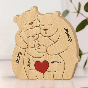 Ensemble, nous formons une belle famille - Puzzle en bois personnalisé en forme d'ours - Sculptures d'animaux en bois, ornements de table en sculpture sur bois, décoration en bois sculpté - Cadeau pour les membres de la famille