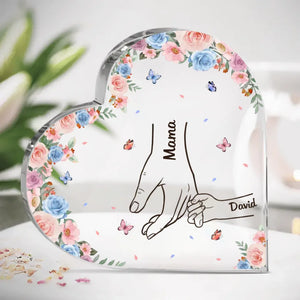 Ces mains tiennent mon monde entier - Plaque acrylique personnalisée en forme de cœur pour la famille - Cadeau pour maman, grand-mère