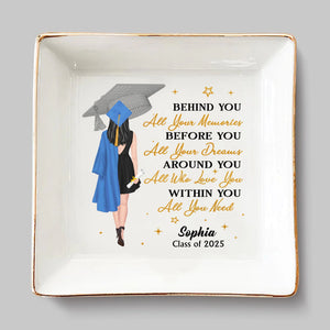 Started With A Dream, Ended With A Cap - Family Personalized Custom Jewelry Dish - Graduation Gift For Family Members, Siblings, Brothers, Sisters, Best Friends