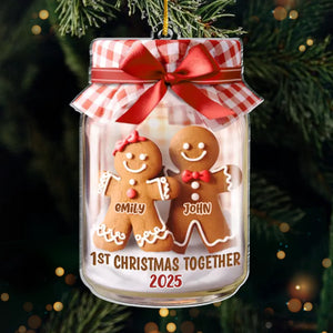 Custom First Christmas Acrylic Ornament - Personalized Anniversary Christmas Wedding Gifts For Husband And Wife, Him And Her - Gingerbread Hearts Together